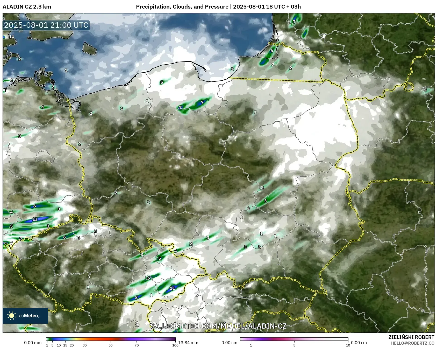 ALADIN CZ 2.3 km model - Poland, Precipitation, Clouds, and Pressure ALADIN CZ 2.3 km model - Poland, Precipitation, Clouds, and Pressure