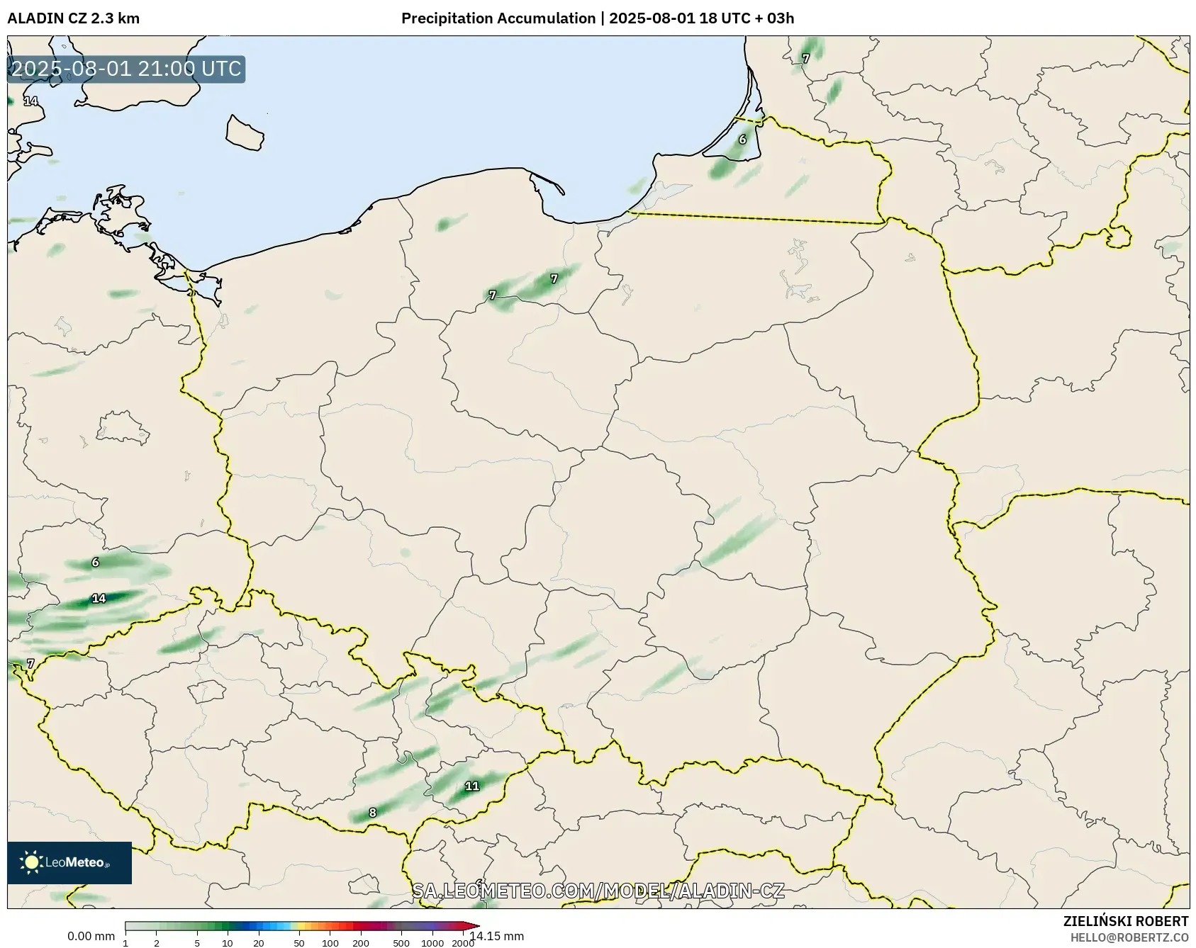 ALADIN CZ 2.3 km model - Poland, Precipitation Accumulation ALADIN CZ 2.3 km model - Poland, Precipitation Accumulation