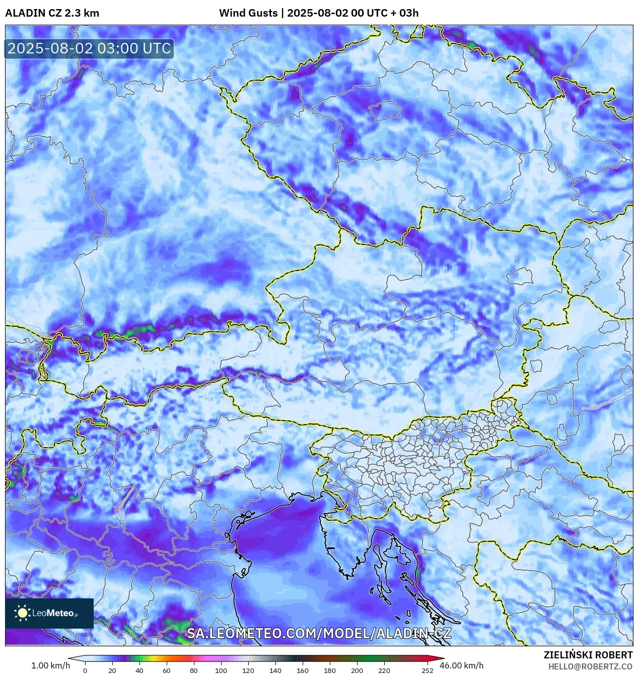 ALADIN CZ 2.3 km model - Austria, Wind Gusts ALADIN CZ 2.3 km model - Austria, Wind Gusts