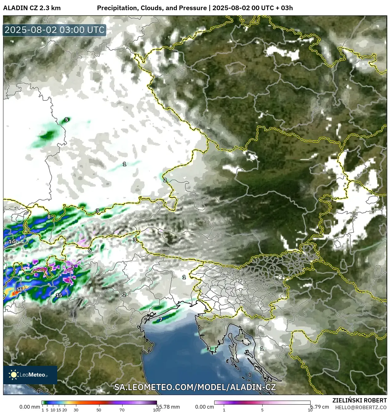 ALADIN CZ 2.3 km model - Austria, Precipitation, Clouds, and Pressure