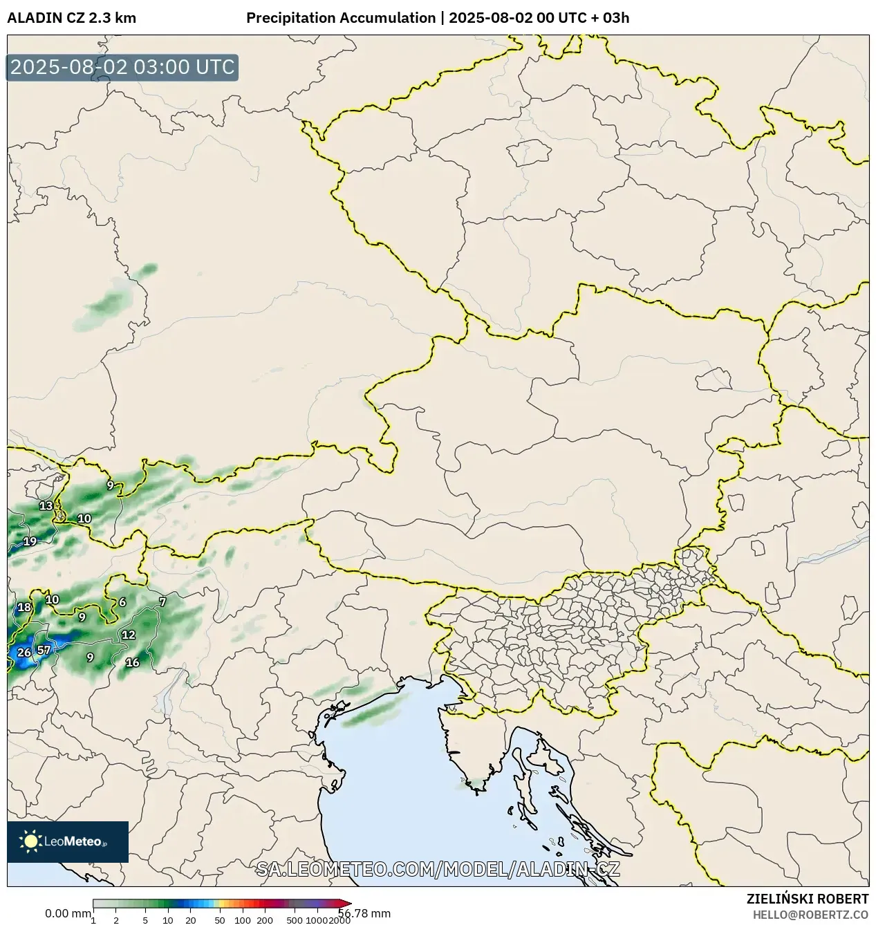 ALADIN CZ 2.3 km model - Austria, Precipitation Accumulation ALADIN CZ 2.3 km model - Austria, Precipitation Accumulation