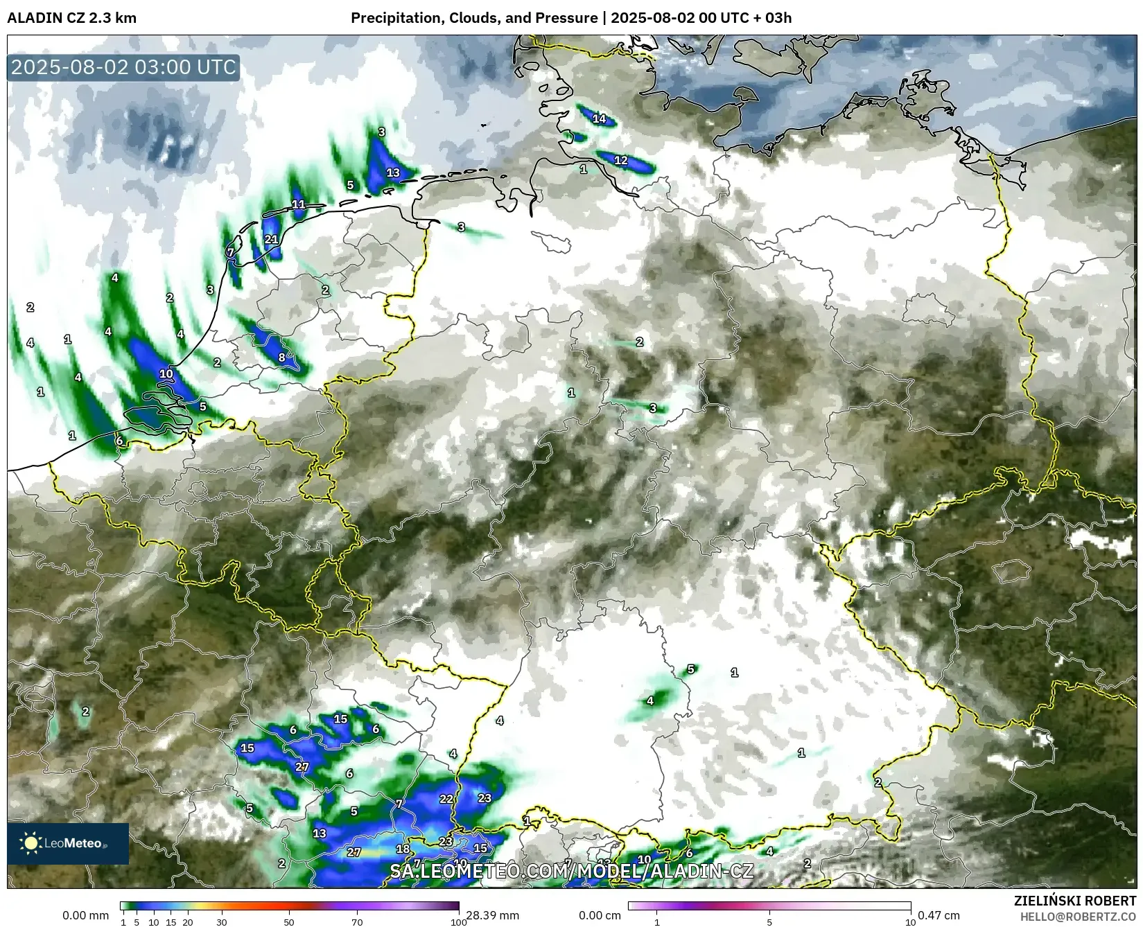 ALADIN CZ 2.3 km model - Germany, Precipitation, Clouds, and Pressure ALADIN CZ 2.3 km model - Germany, Precipitation, Clouds, and Pressure