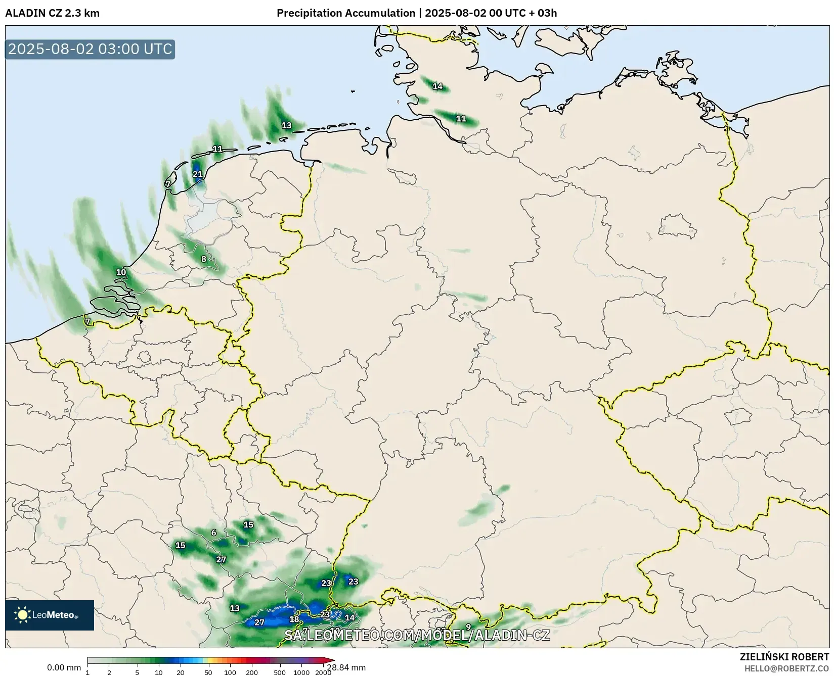 ALADIN CZ 2.3 km model - Germany, Precipitation Accumulation ALADIN CZ 2.3 km model - Germany, Precipitation Accumulation