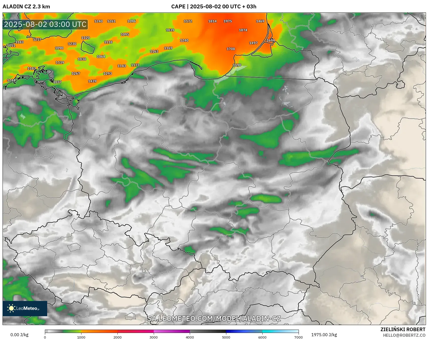ALADIN CZ 2.3 km model - Poland, CAPE ALADIN CZ 2.3 km model - Poland, CAPE