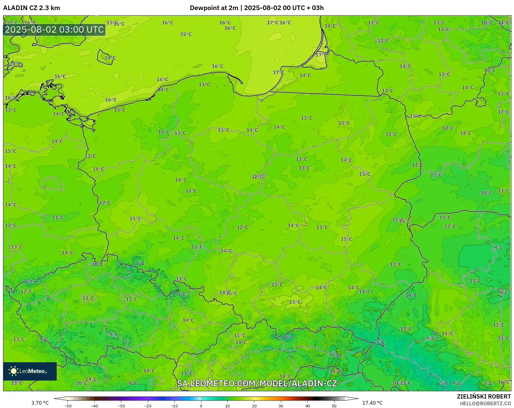 ALADIN CZ 2.3 km model - Poland, Dewpoint at 2m ALADIN CZ 2.3 km model - Poland, Dewpoint at 2m