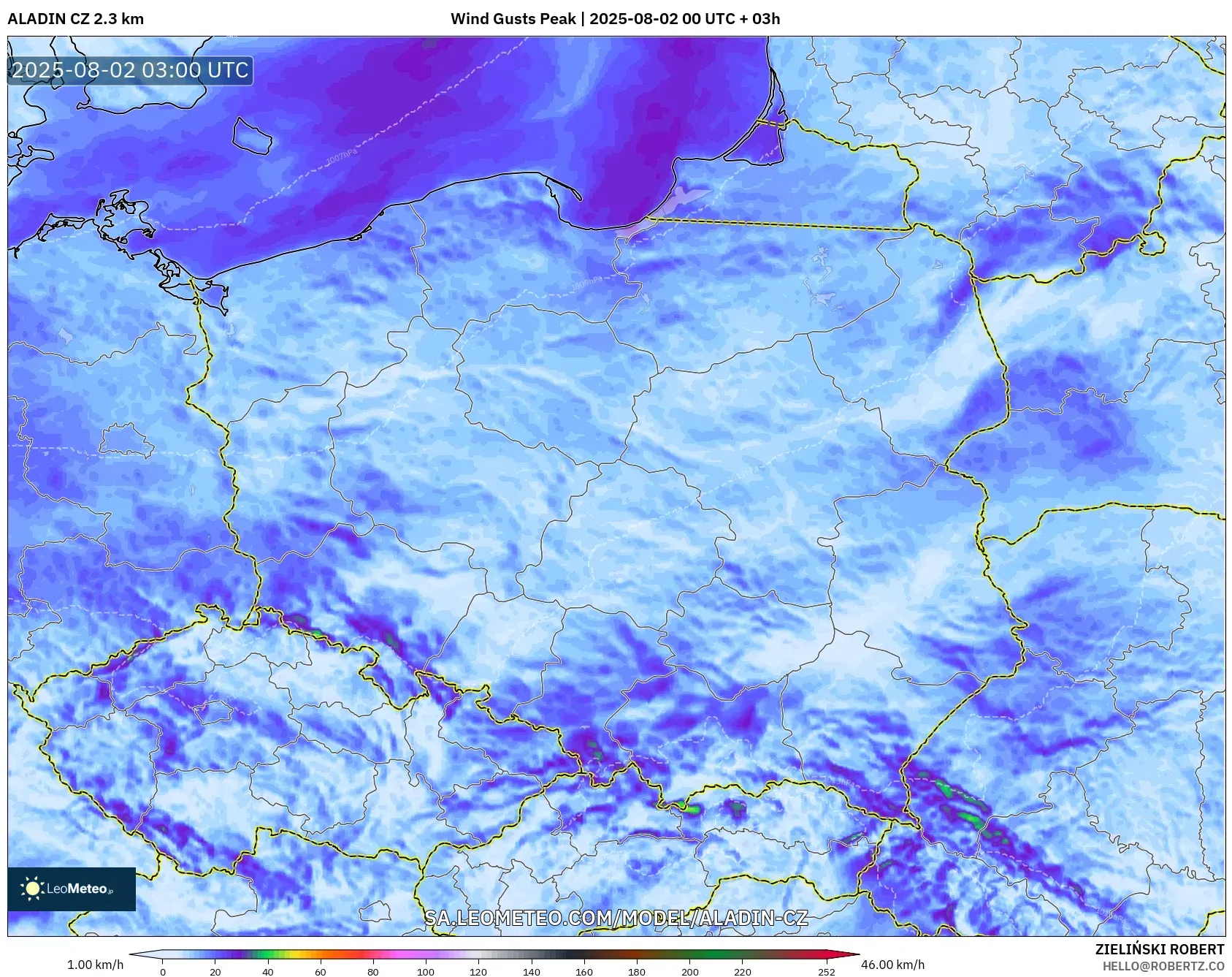 ALADIN CZ 2.3 km model - Poland, Wind Gusts Peak ALADIN CZ 2.3 km model - Poland, Wind Gusts Peak