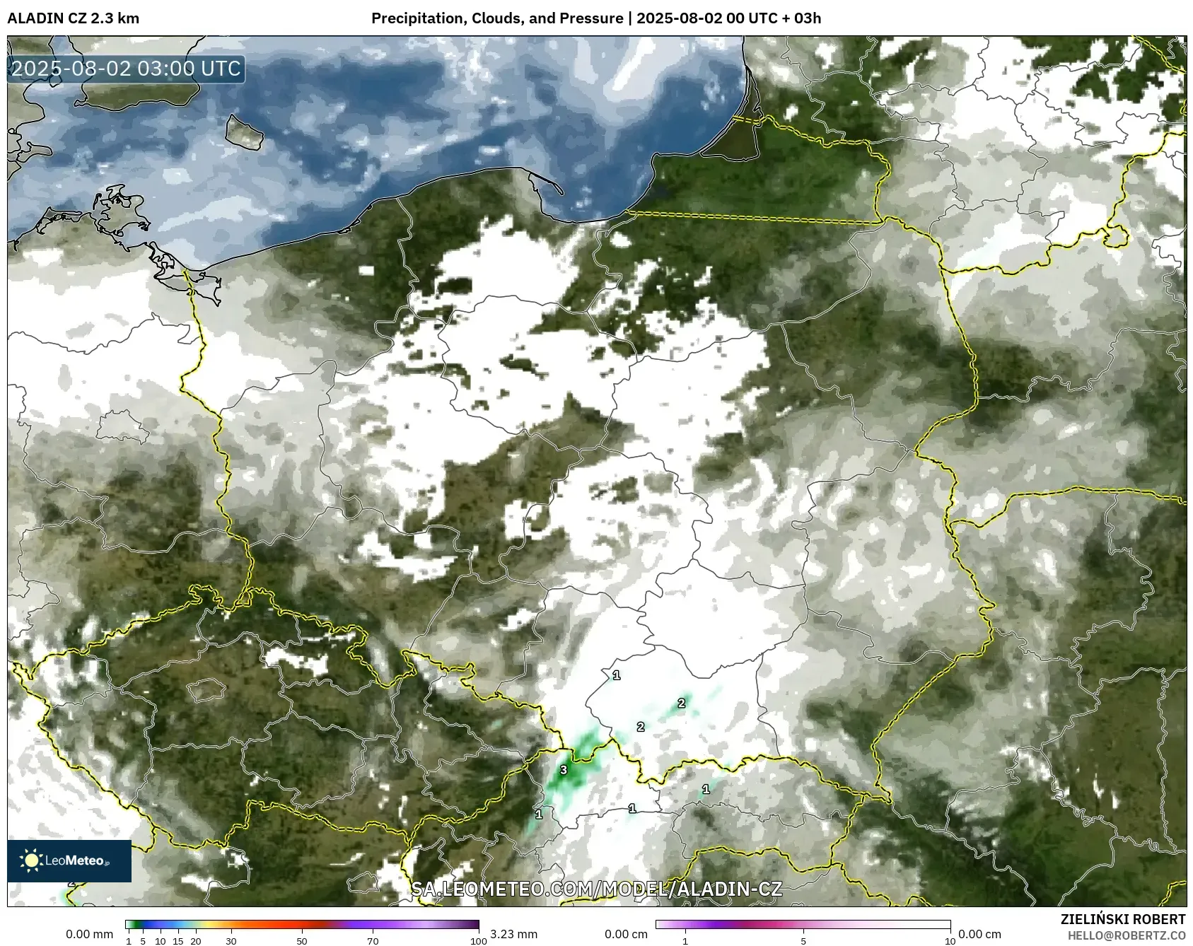 ALADIN CZ 2.3 km model - Polandia, Curah Hujan, Awan, dan Tekanan