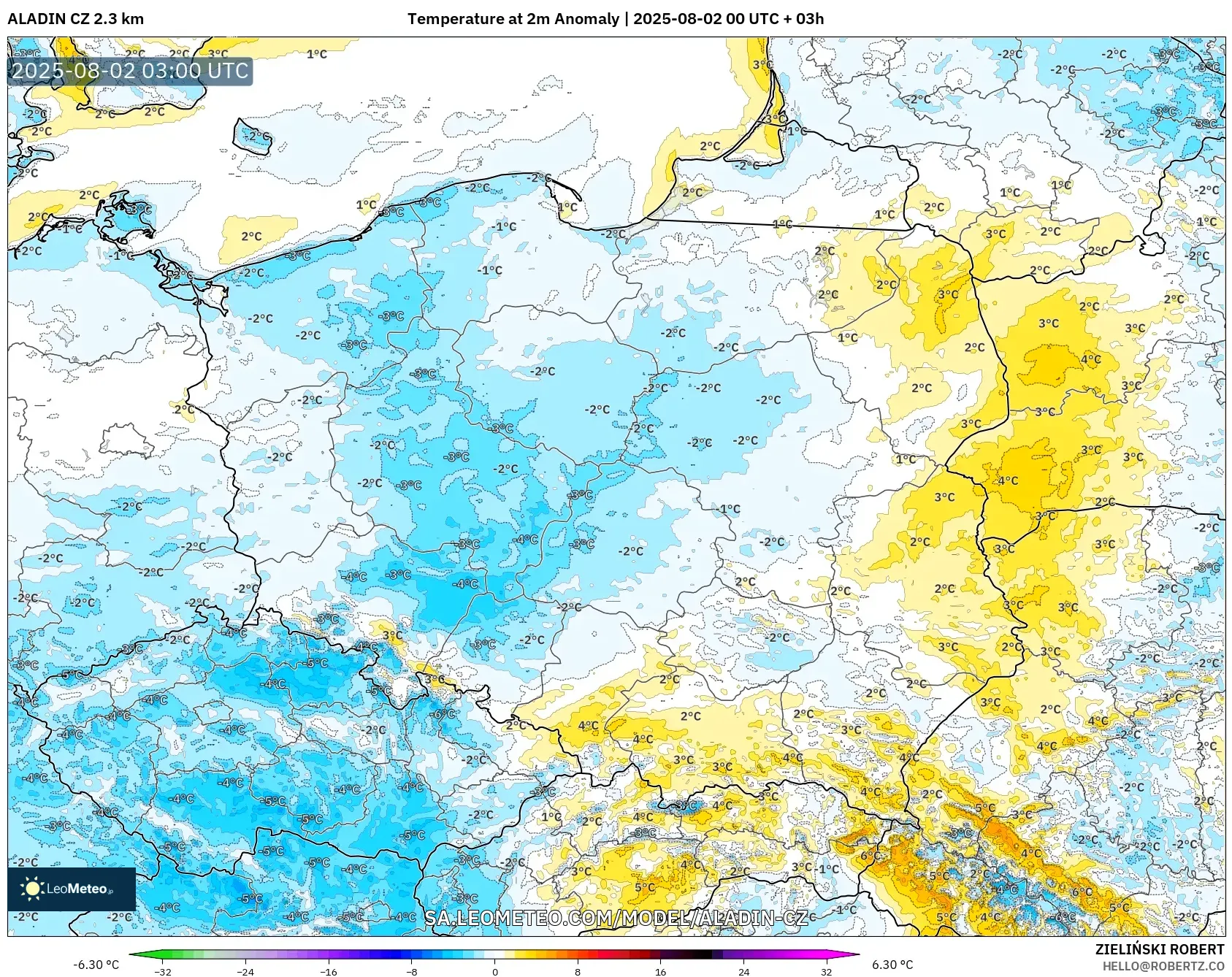 ALADIN CZ 2.3 km model - Poland, Temperature at 2m Anomaly ALADIN CZ 2.3 km model - Poland, Temperature at 2m Anomaly