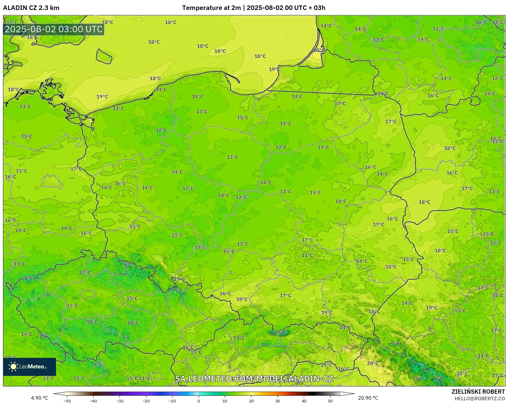 ALADIN CZ 2.3 km model - Poland, Temperature at 2m ALADIN CZ 2.3 km model - Poland, Temperature at 2m