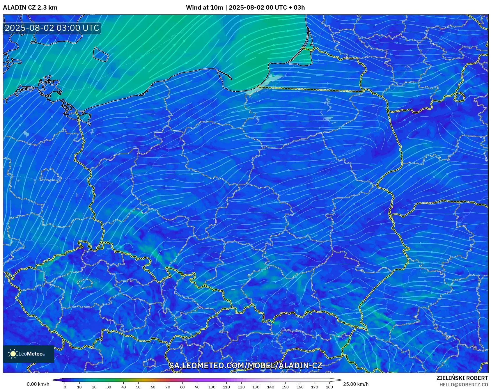 ALADIN CZ 2.3 km model - Poland, Wind at 10m ALADIN CZ 2.3 km model - Poland, Wind at 10m