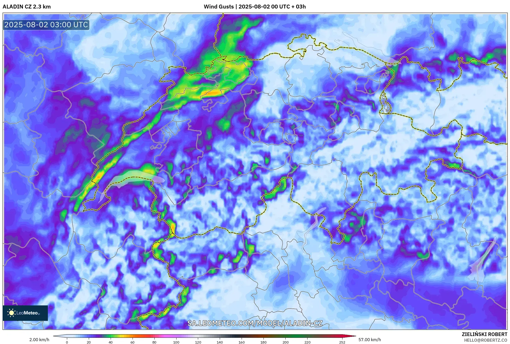 ALADIN CZ 2.3 km model - Switzerland, Wind Gusts ALADIN CZ 2.3 km model - Switzerland, Wind Gusts