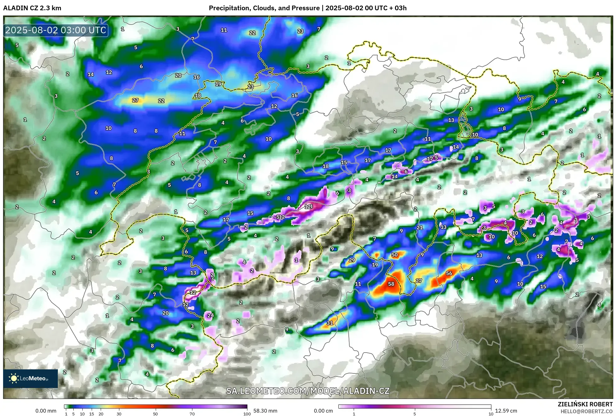 ALADIN CZ 2.3 km model - Switzerland, Precipitation, Clouds, and Pressure ALADIN CZ 2.3 km model - Switzerland, Precipitation, Clouds, and Pressure