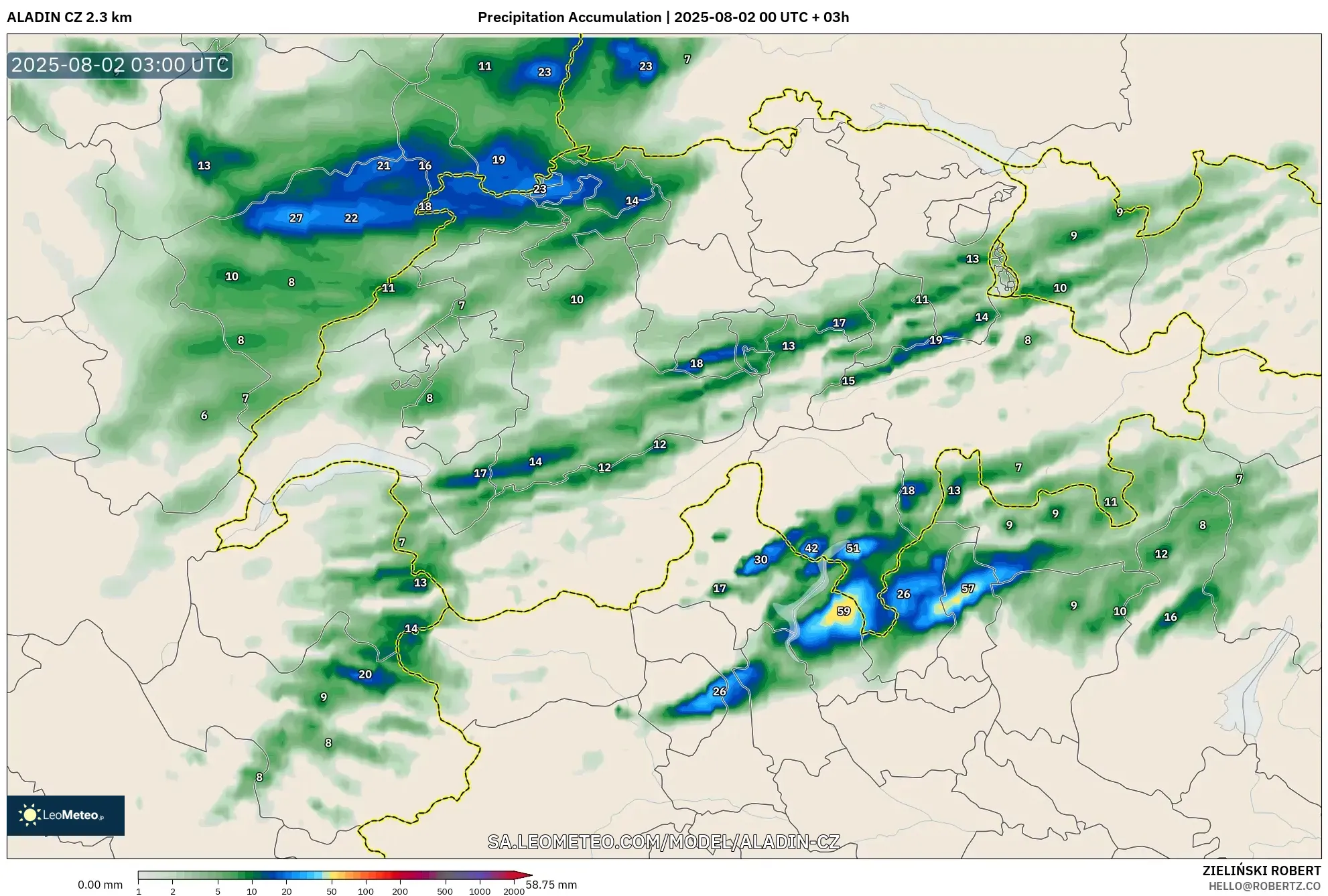 ALADIN CZ 2.3 km model - Switzerland, Precipitation Accumulation ALADIN CZ 2.3 km model - Switzerland, Precipitation Accumulation