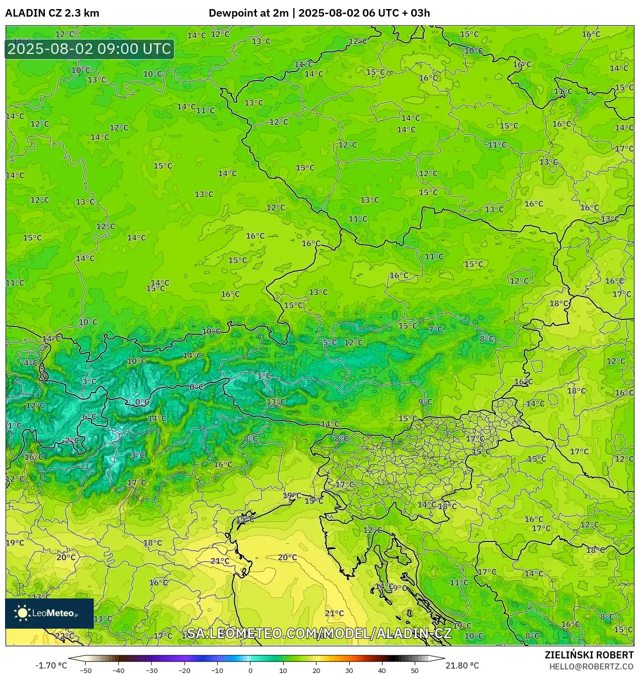 ALADIN CZ 2.3 km model - Austria, Dewpoint at 2m