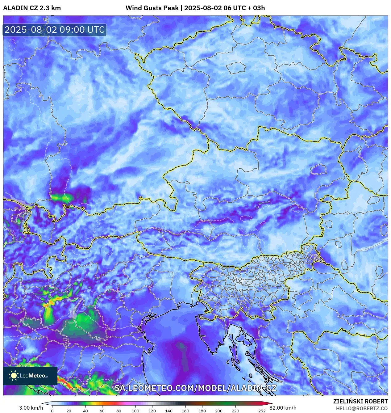 ALADIN CZ 2.3 km model - Austria, Wind Gusts Peak ALADIN CZ 2.3 km model - Austria, Wind Gusts Peak