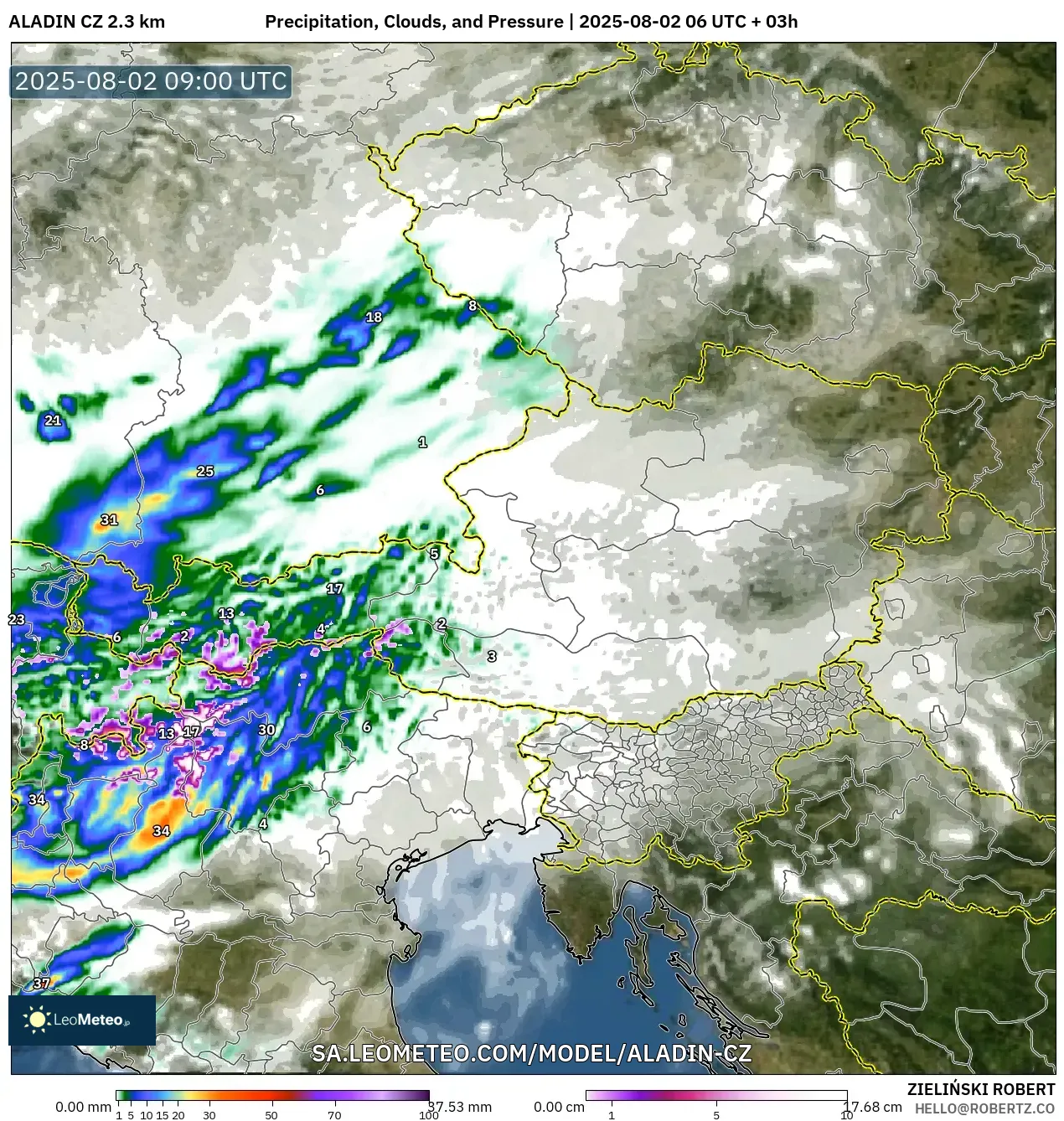 ALADIN CZ 2.3 km model - Austria, Curah Hujan, Awan, dan Tekanan ALADIN CZ 2.3 km model - Austria, Curah Hujan, Awan, dan Tekanan