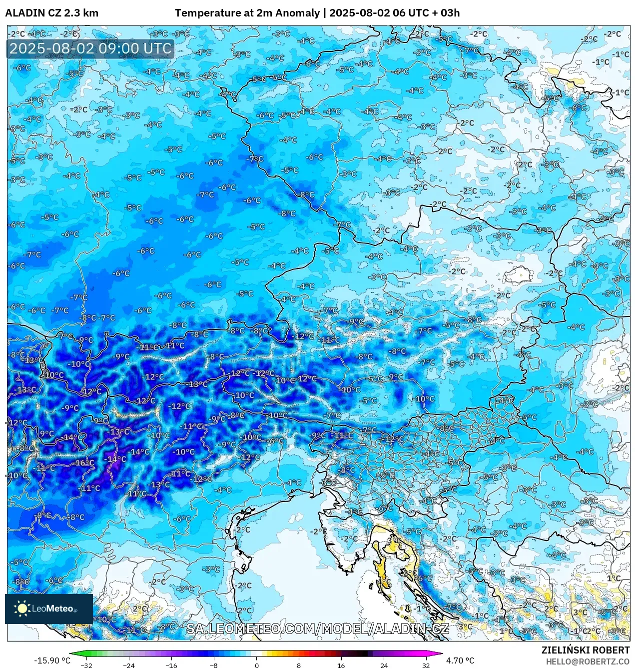 ALADIN CZ 2.3 km model - Austria, Temperature at 2m Anomaly
