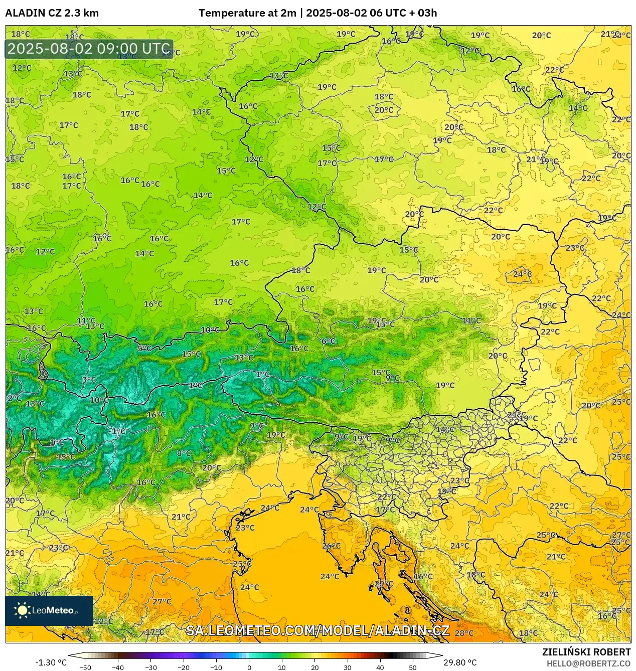 ALADIN CZ 2.3 km model - Austria, Temperature at 2m ALADIN CZ 2.3 km model - Austria, Temperature at 2m