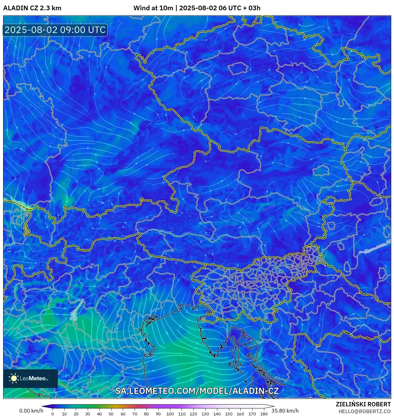 ALADIN CZ 2.3 km model - Austria, Wind at 10m ALADIN CZ 2.3 km model - Austria, Wind at 10m