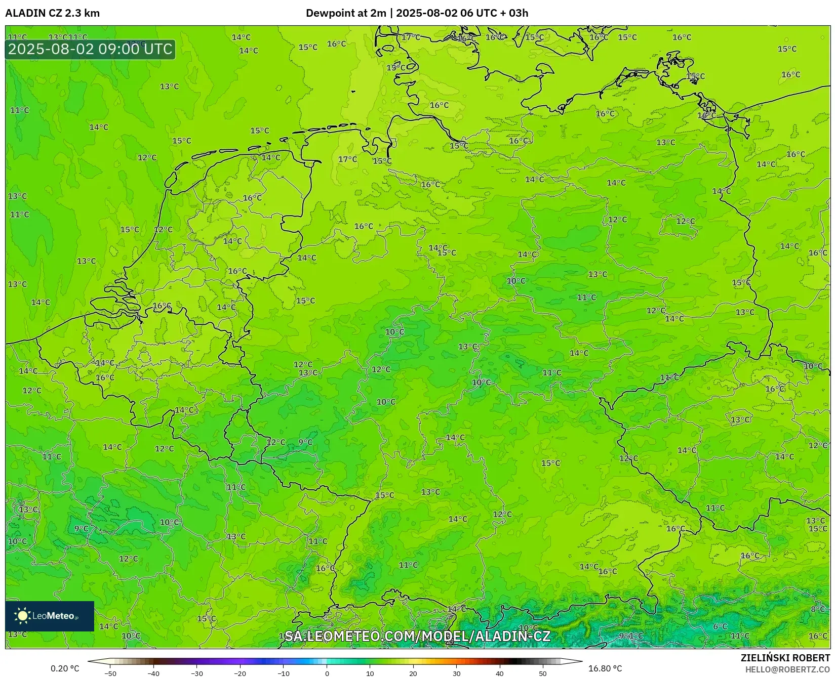ALADIN CZ 2.3 km model - Germany, Dewpoint at 2m ALADIN CZ 2.3 km model - Germany, Dewpoint at 2m