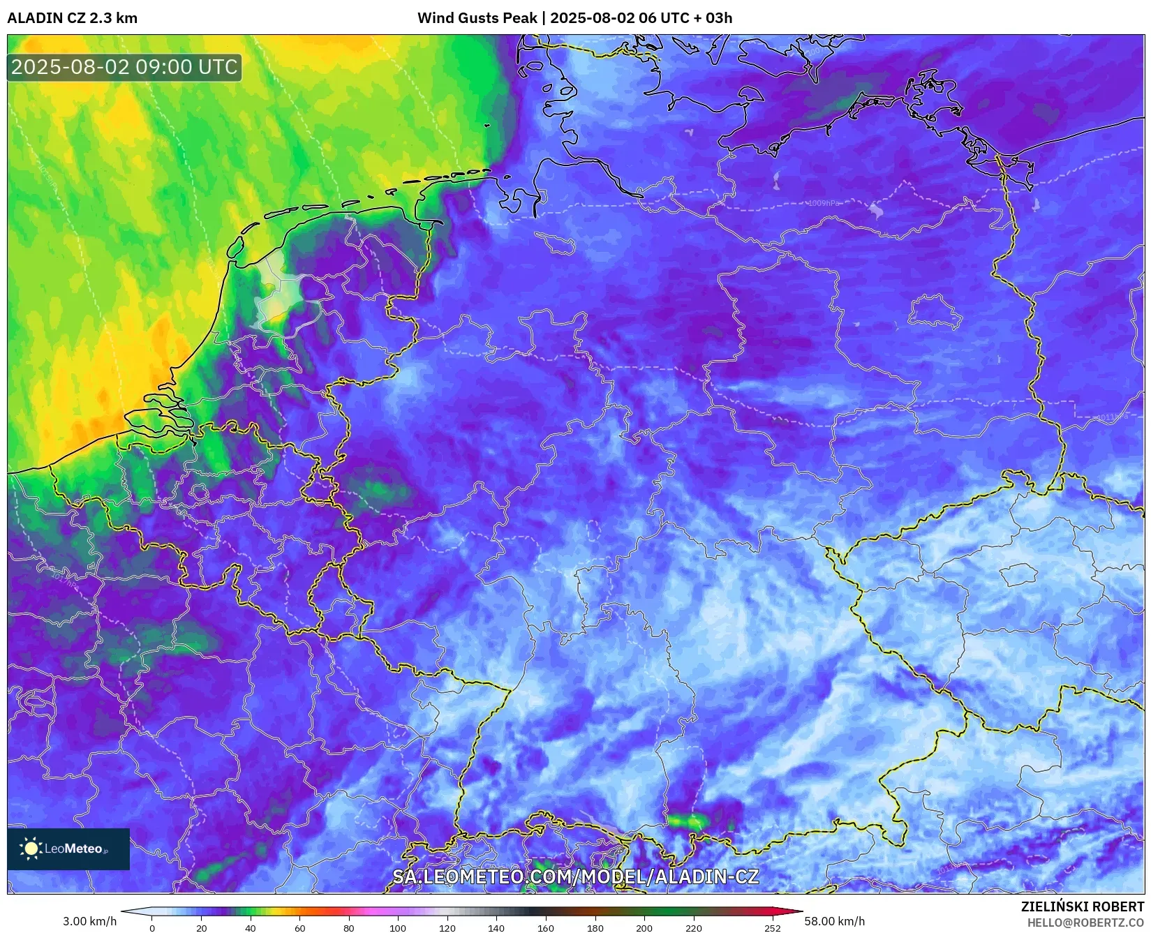 ALADIN CZ 2.3 km model - Germany, Wind Gusts Peak