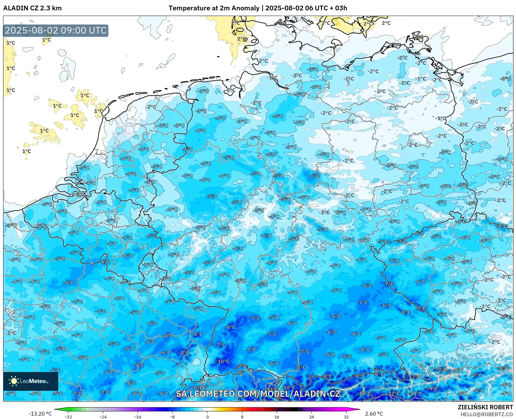 ALADIN CZ 2.3 km model - Germany, Temperature at 2m Anomaly ALADIN CZ 2.3 km model - Germany, Temperature at 2m Anomaly