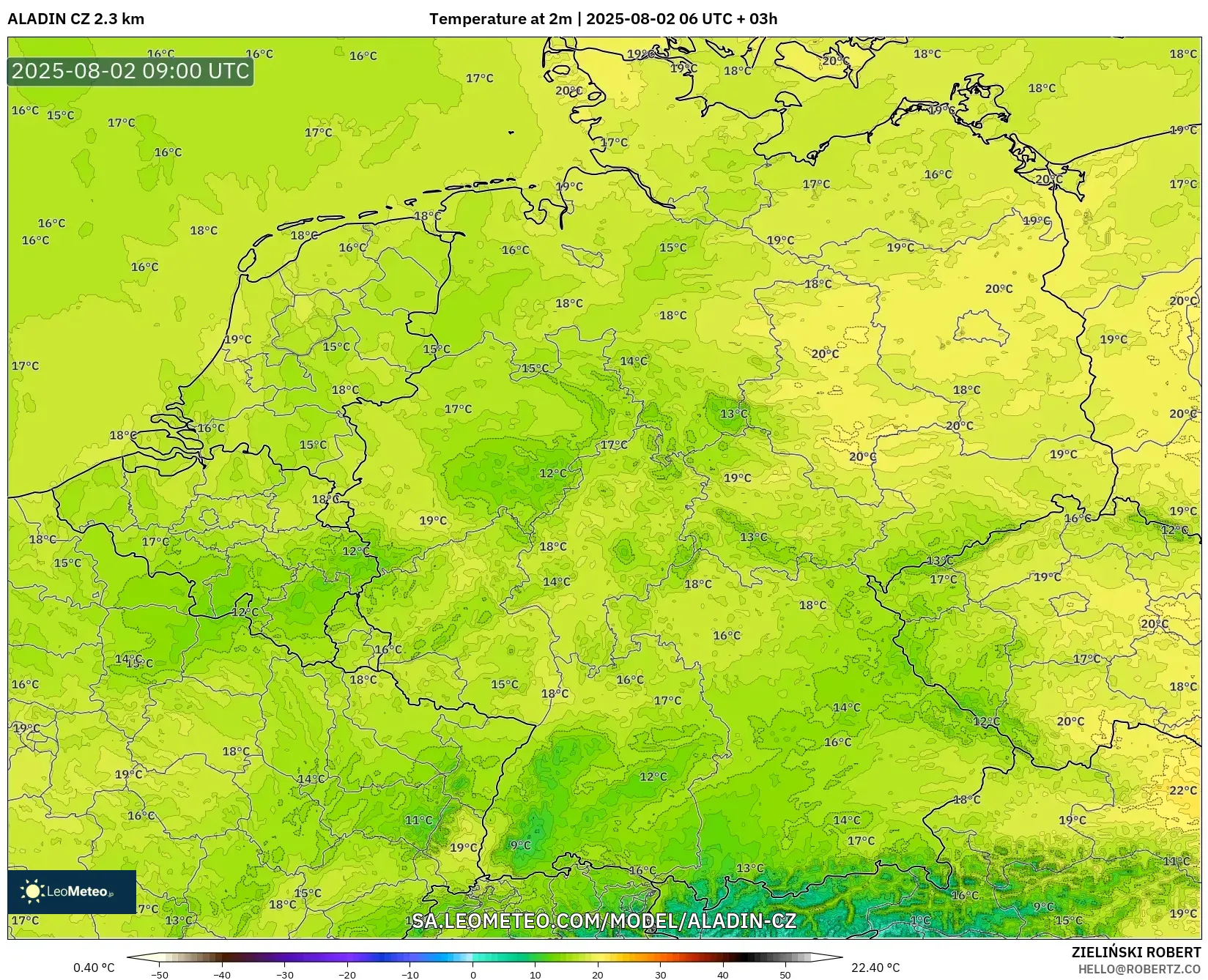 ALADIN CZ 2.3 km model - Germany, Temperature at 2m ALADIN CZ 2.3 km model - Germany, Temperature at 2m