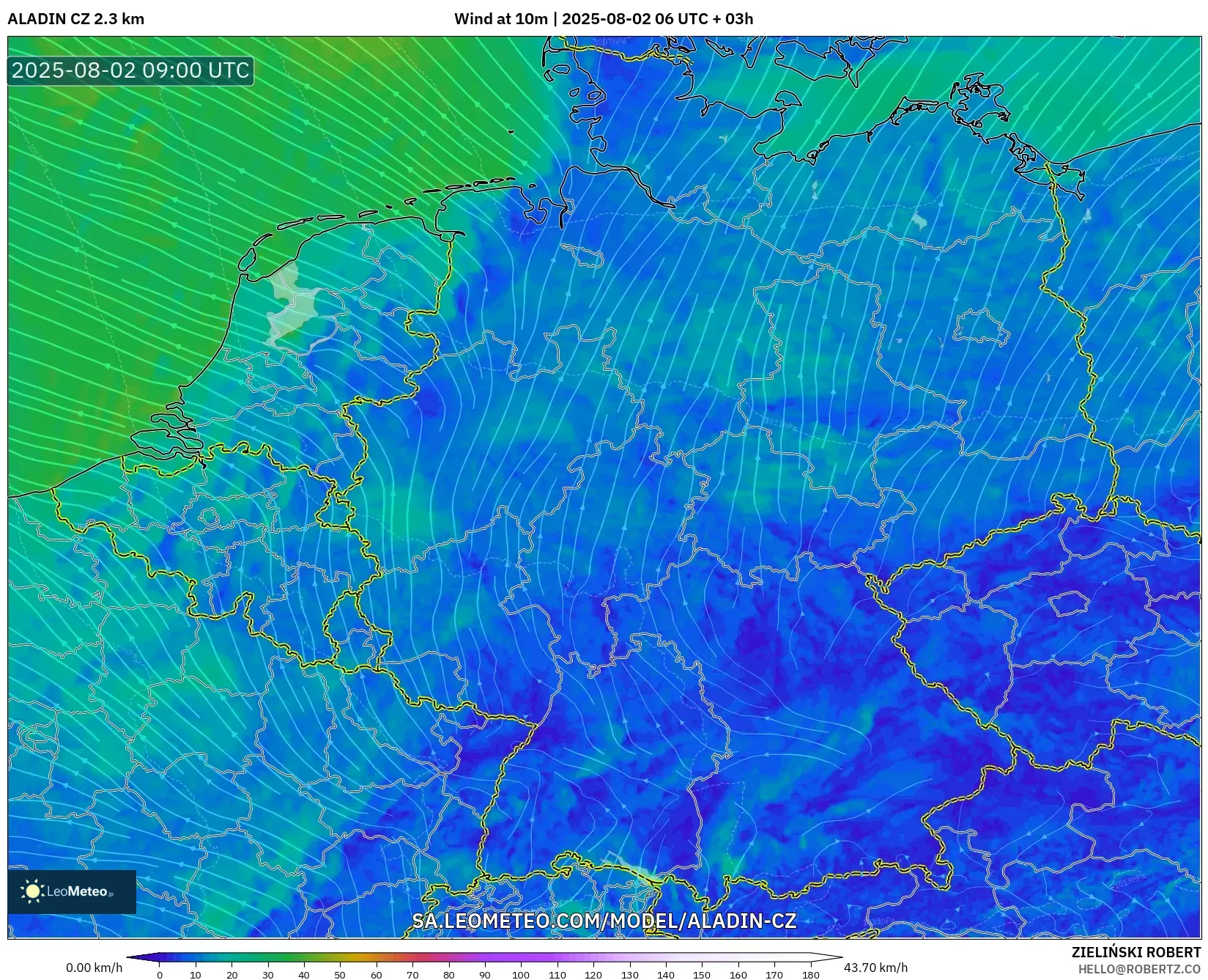 ALADIN CZ 2.3 km model - Germany, Wind at 10m ALADIN CZ 2.3 km model - Germany, Wind at 10m
