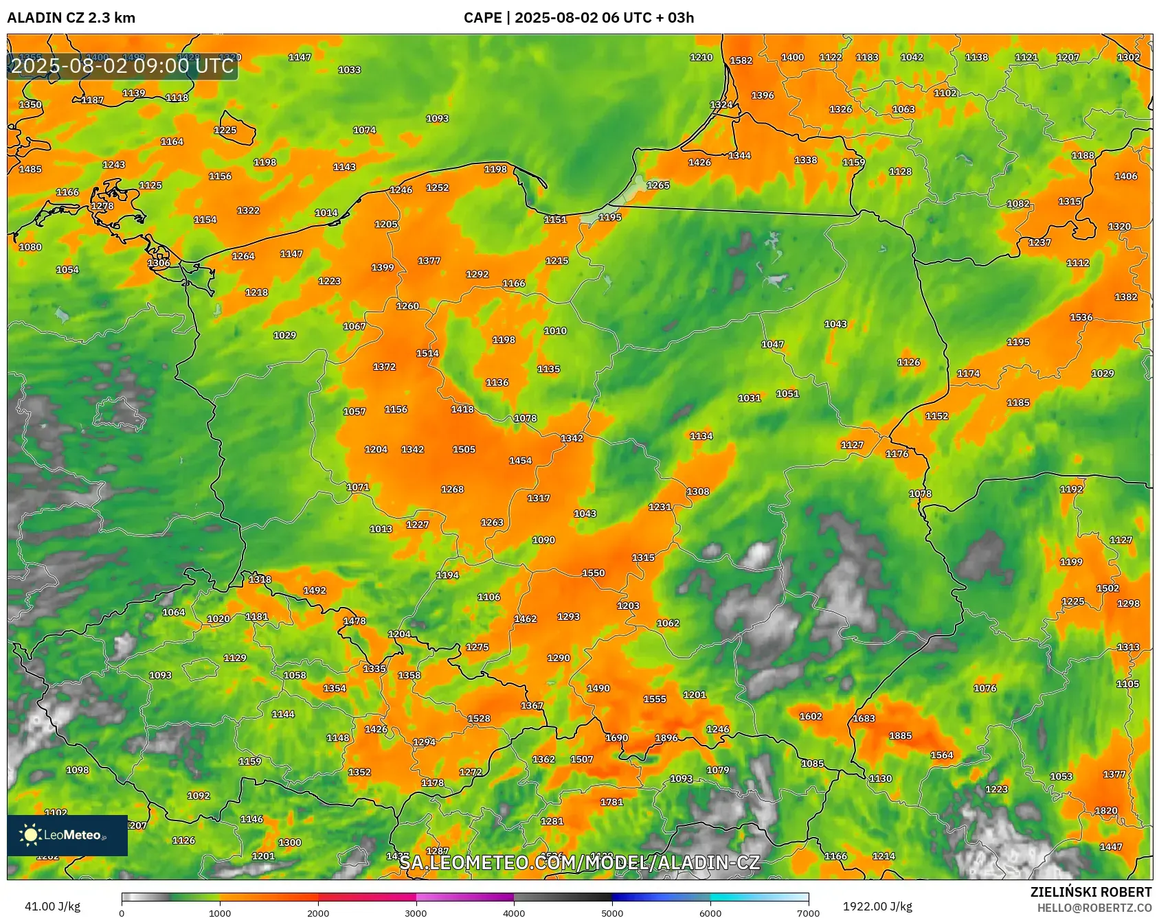 ALADIN CZ 2.3 km model - Poland, CAPE ALADIN CZ 2.3 km model - Poland, CAPE