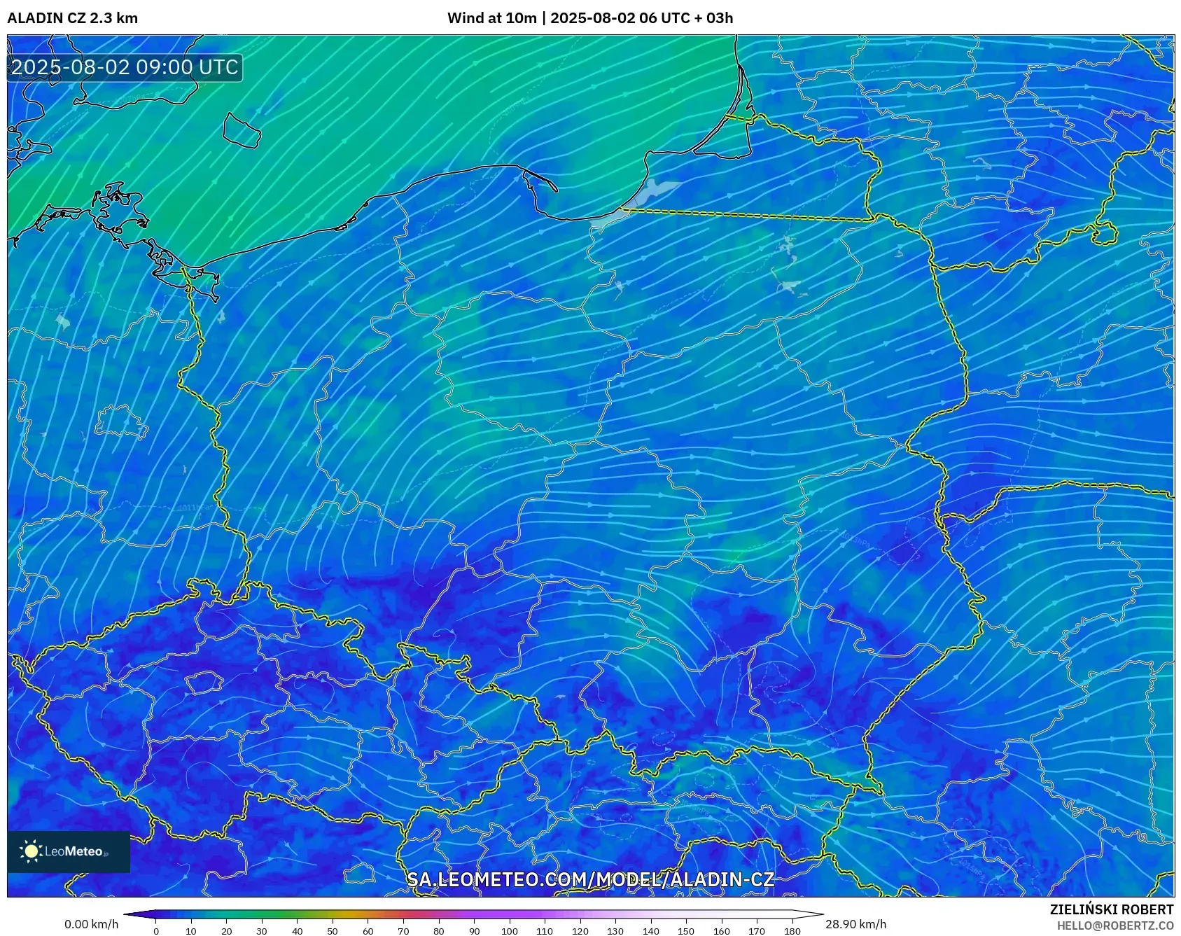 ALADIN CZ 2.3 km model - Polandia, Angin 10 m ALADIN CZ 2.3 km model - Polandia, Angin 10 m