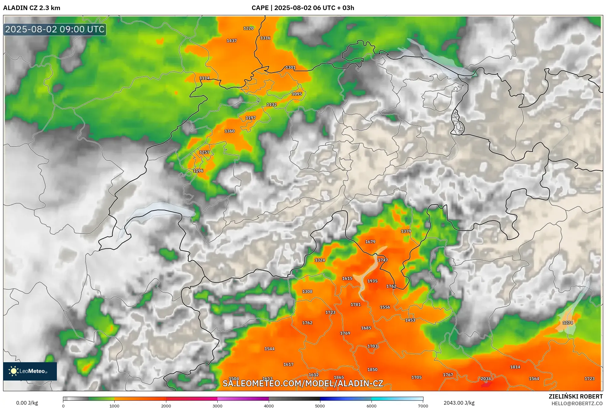 ALADIN CZ 2.3 km model - Switzerland, CAPE ALADIN CZ 2.3 km model - Switzerland, CAPE