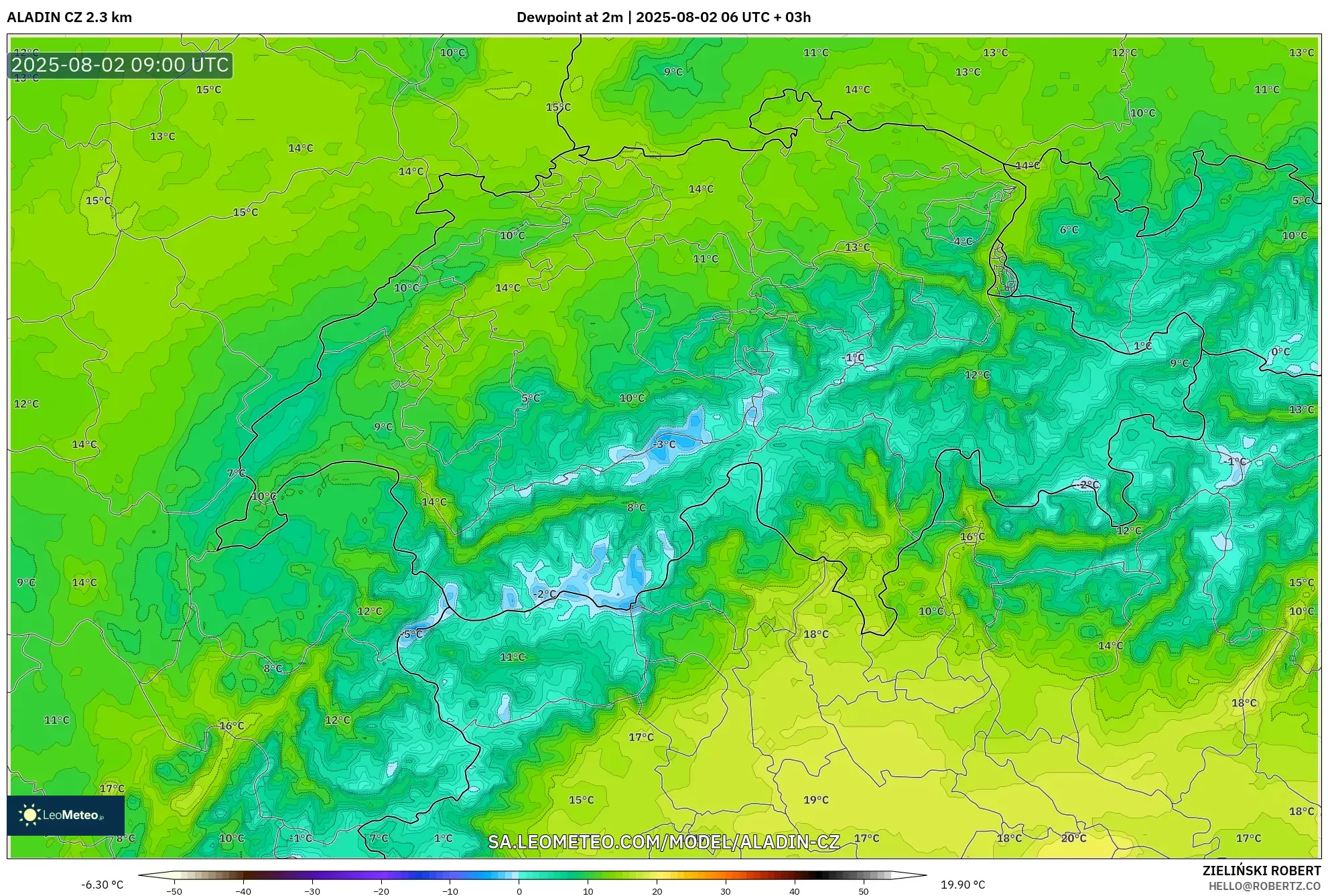 ALADIN CZ 2.3 km model - Switzerland, Dewpoint at 2m
