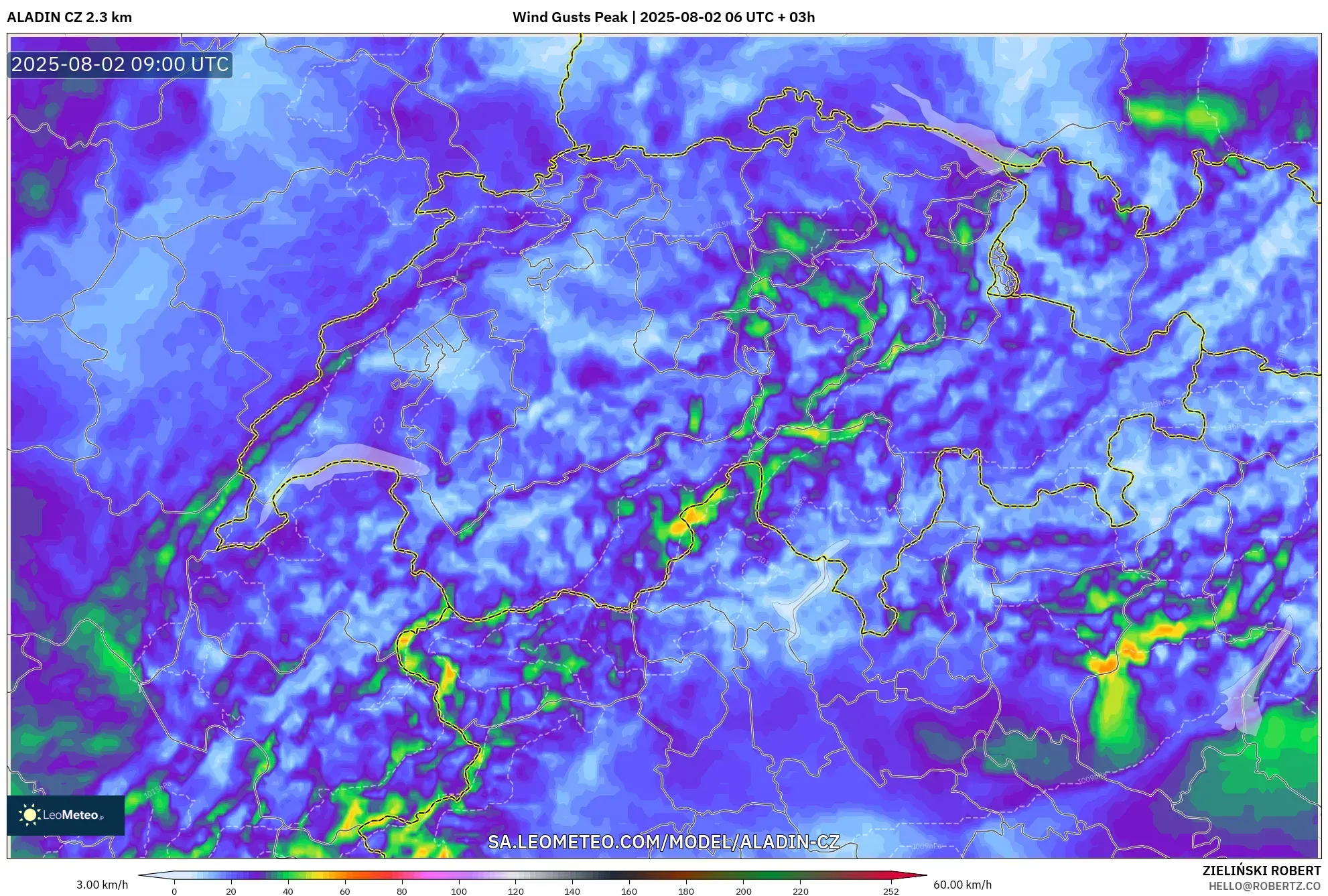 ALADIN CZ 2.3 km model - Switzerland, Wind Gusts Peak ALADIN CZ 2.3 km model - Switzerland, Wind Gusts Peak