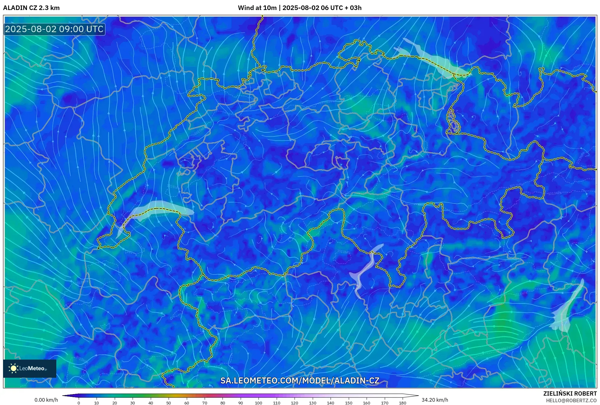 ALADIN CZ 2.3 km model - Switzerland, Wind at 10m