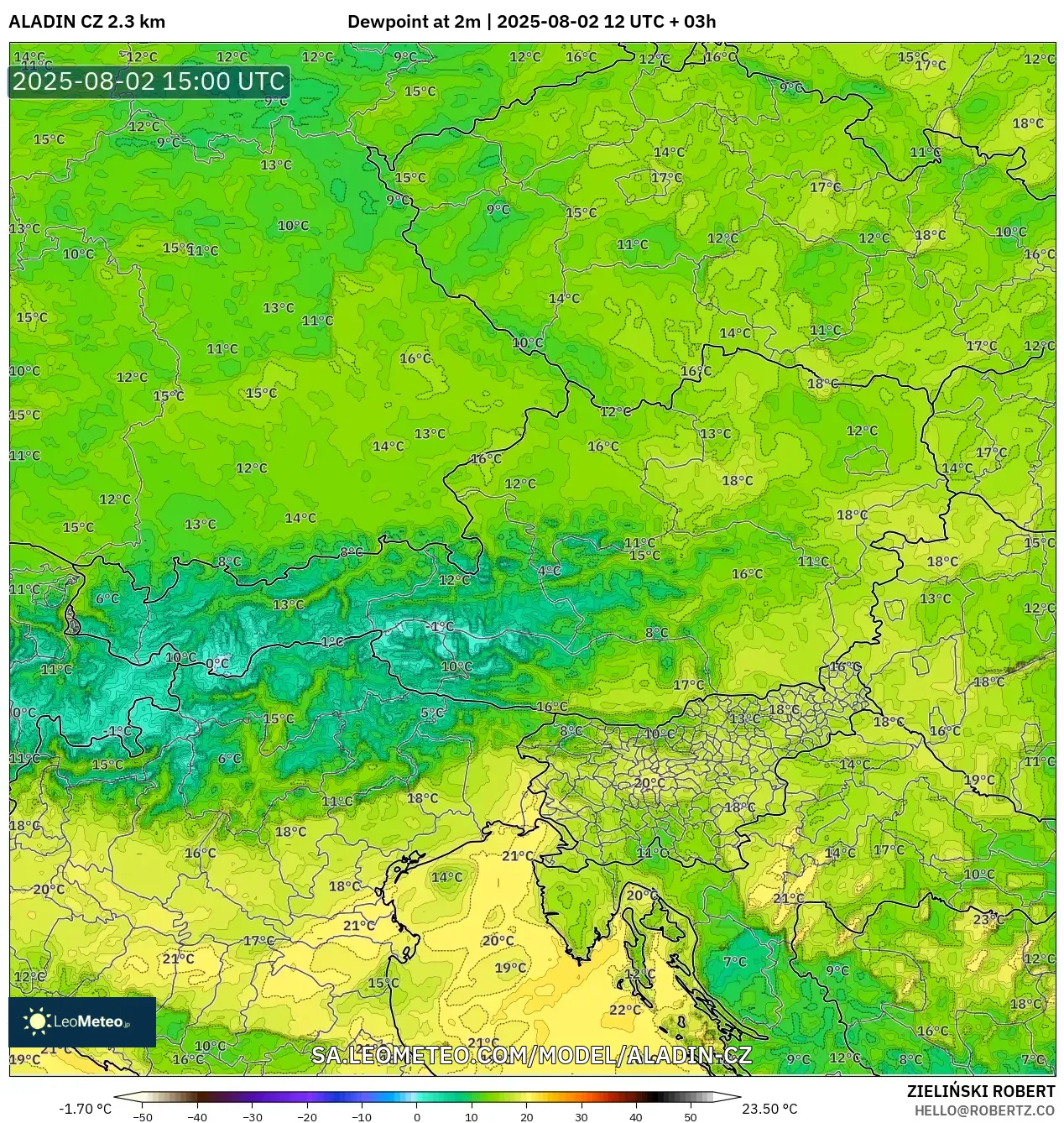 ALADIN CZ 2.3 km model - Austria, Takat Embun 2 m ALADIN CZ 2.3 km model - Austria, Takat Embun 2 m