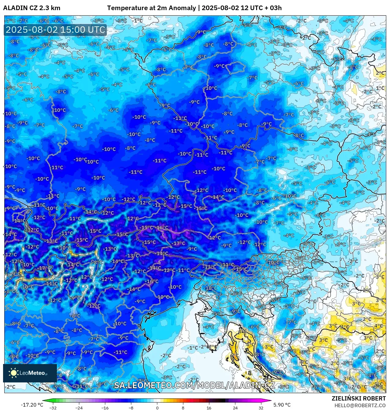 ALADIN CZ 2.3 km model - Austria, Anomali Suhu 2 m ALADIN CZ 2.3 km model - Austria, Anomali Suhu 2 m
