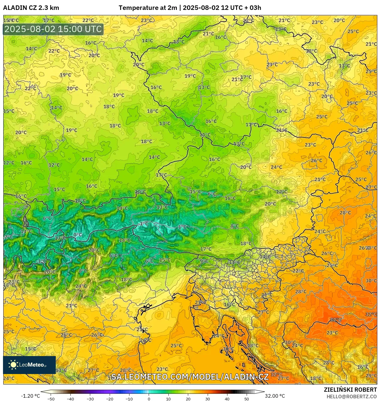 ALADIN CZ 2.3 km model - Austria, Suhu 2 m ALADIN CZ 2.3 km model - Austria, Suhu 2 m