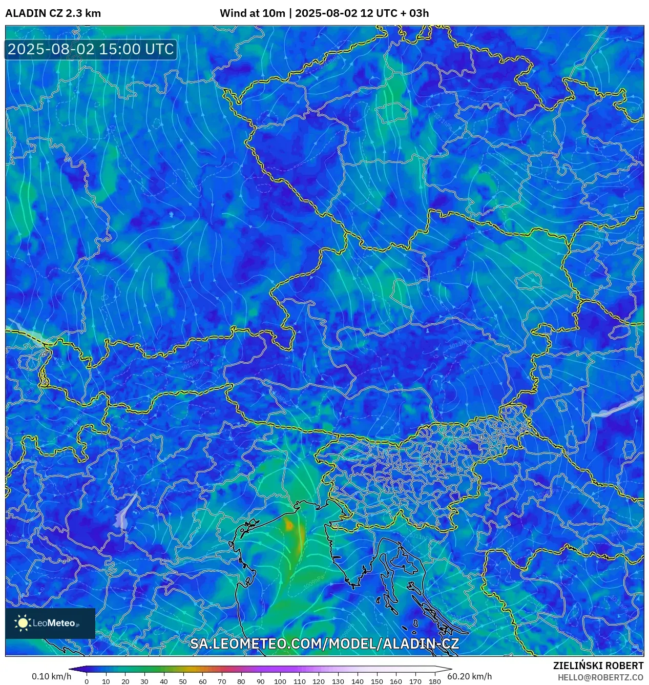 ALADIN CZ 2.3 km model - Austria, Angin 10 m