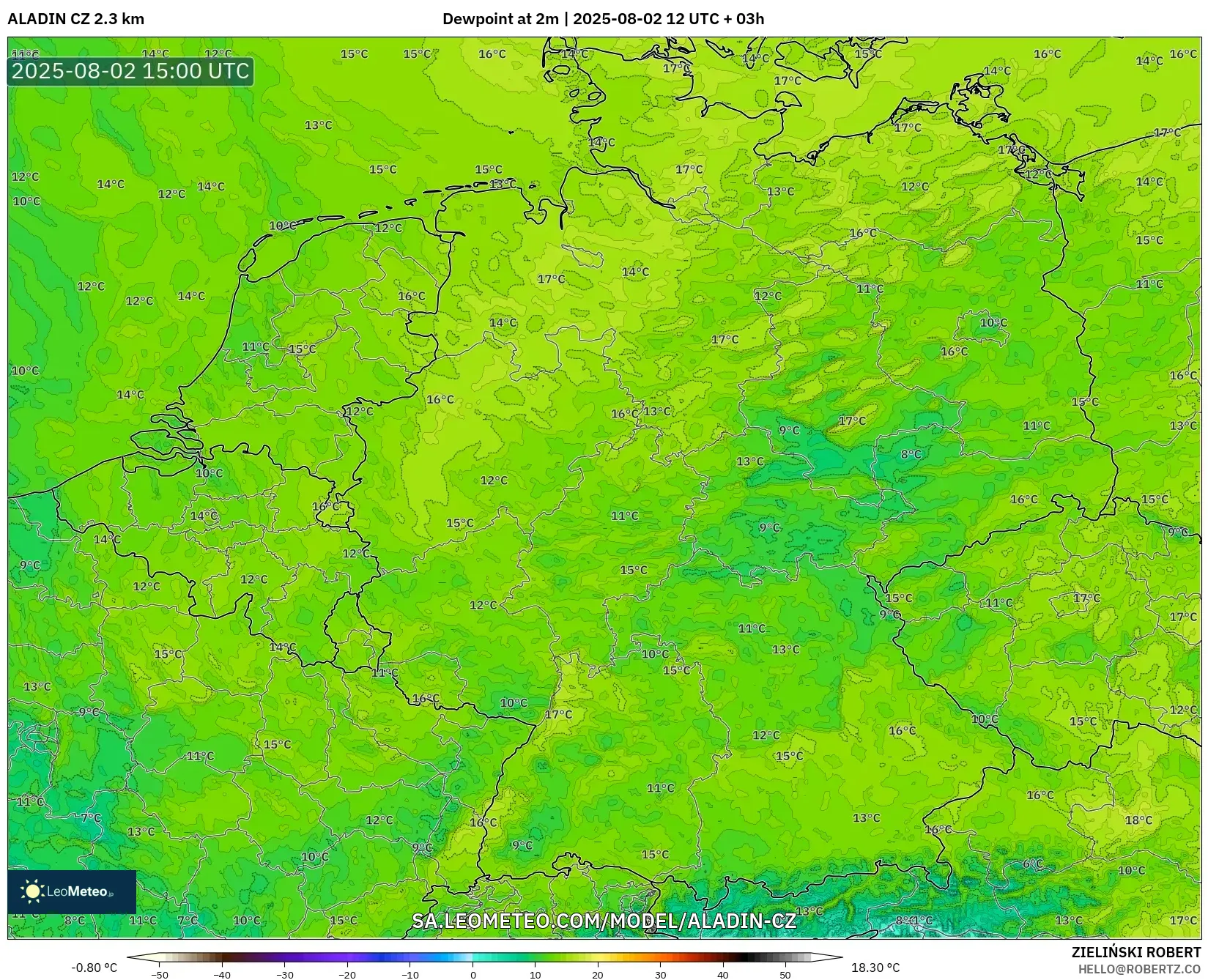 ALADIN CZ 2.3 km model - Jerman, Takat Embun 2 m ALADIN CZ 2.3 km model - Jerman, Takat Embun 2 m