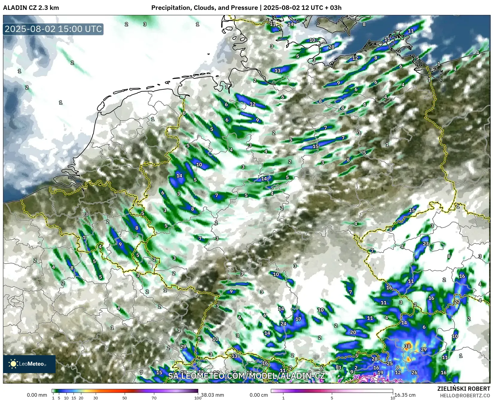ALADIN CZ 2.3 km model - Jerman, Hujan, Awan dan Tekanan