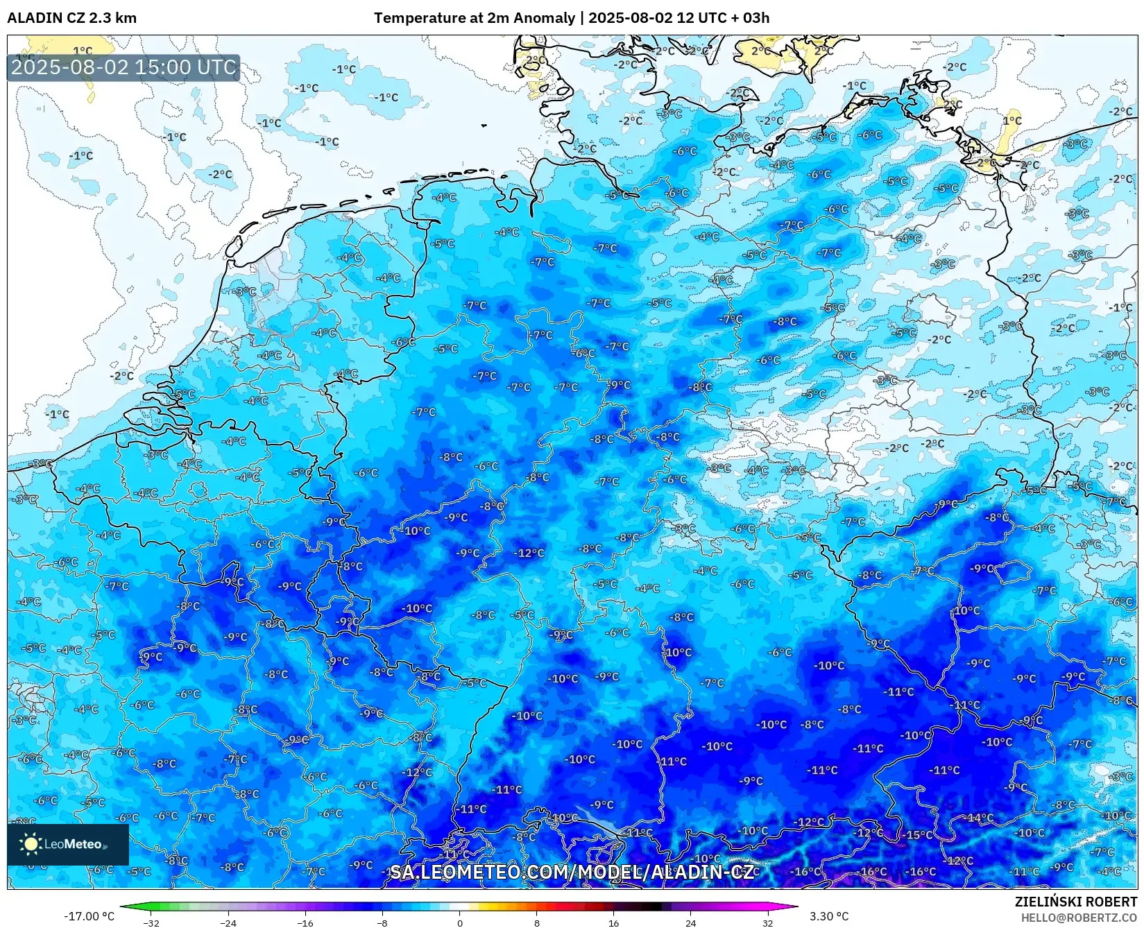 ALADIN CZ 2.3 km model - Jerman, Anomali Suhu 2 m ALADIN CZ 2.3 km model - Jerman, Anomali Suhu 2 m