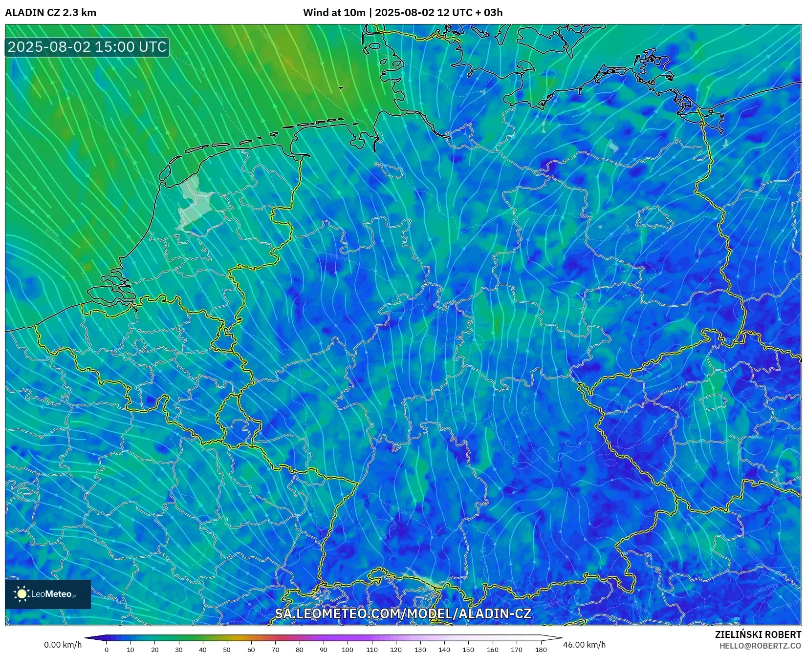 ALADIN CZ 2.3 km model - Jerman, Angin 10 m ALADIN CZ 2.3 km model - Jerman, Angin 10 m