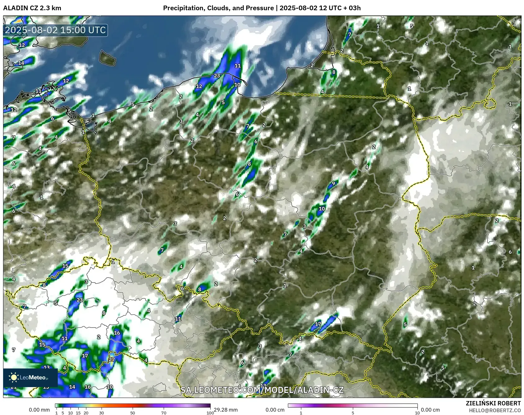ALADIN CZ 2.3 km model - Poland, Hujan, Awan dan Tekanan ALADIN CZ 2.3 km model - Poland, Hujan, Awan dan Tekanan