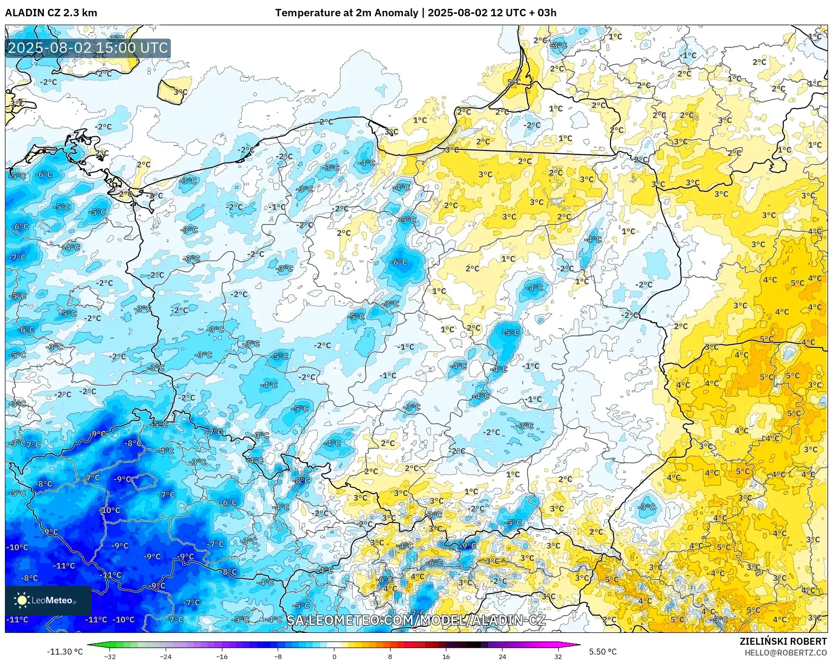 ALADIN CZ 2.3 km model - Poland, Anomali Suhu 2 m ALADIN CZ 2.3 km model - Poland, Anomali Suhu 2 m