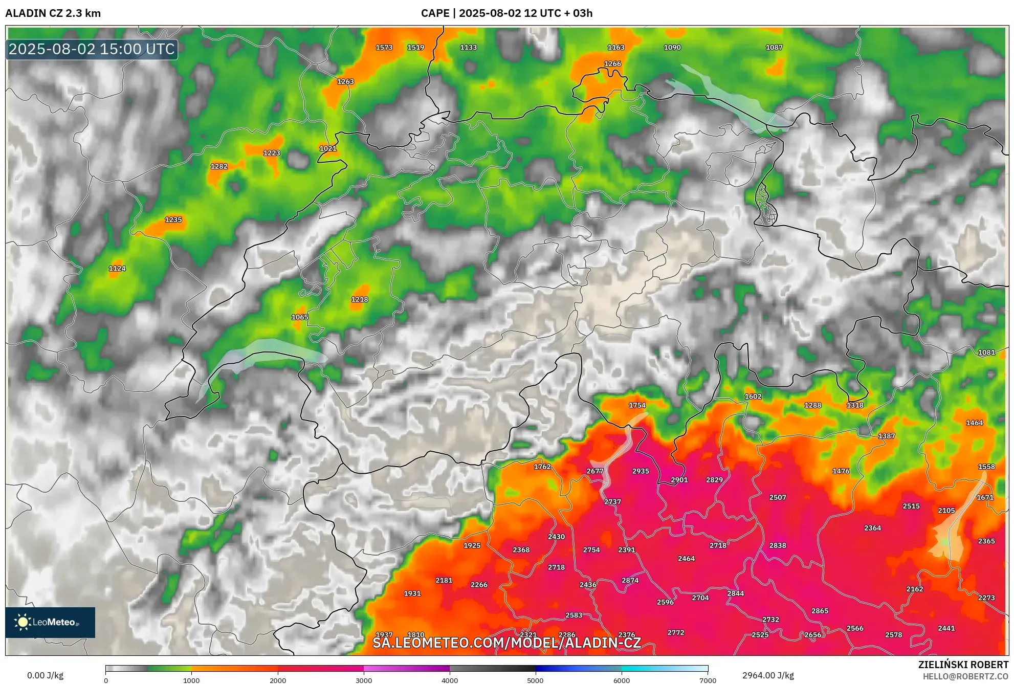 ALADIN CZ 2.3 km model - Switzerland, CAPE ALADIN CZ 2.3 km model - Switzerland, CAPE