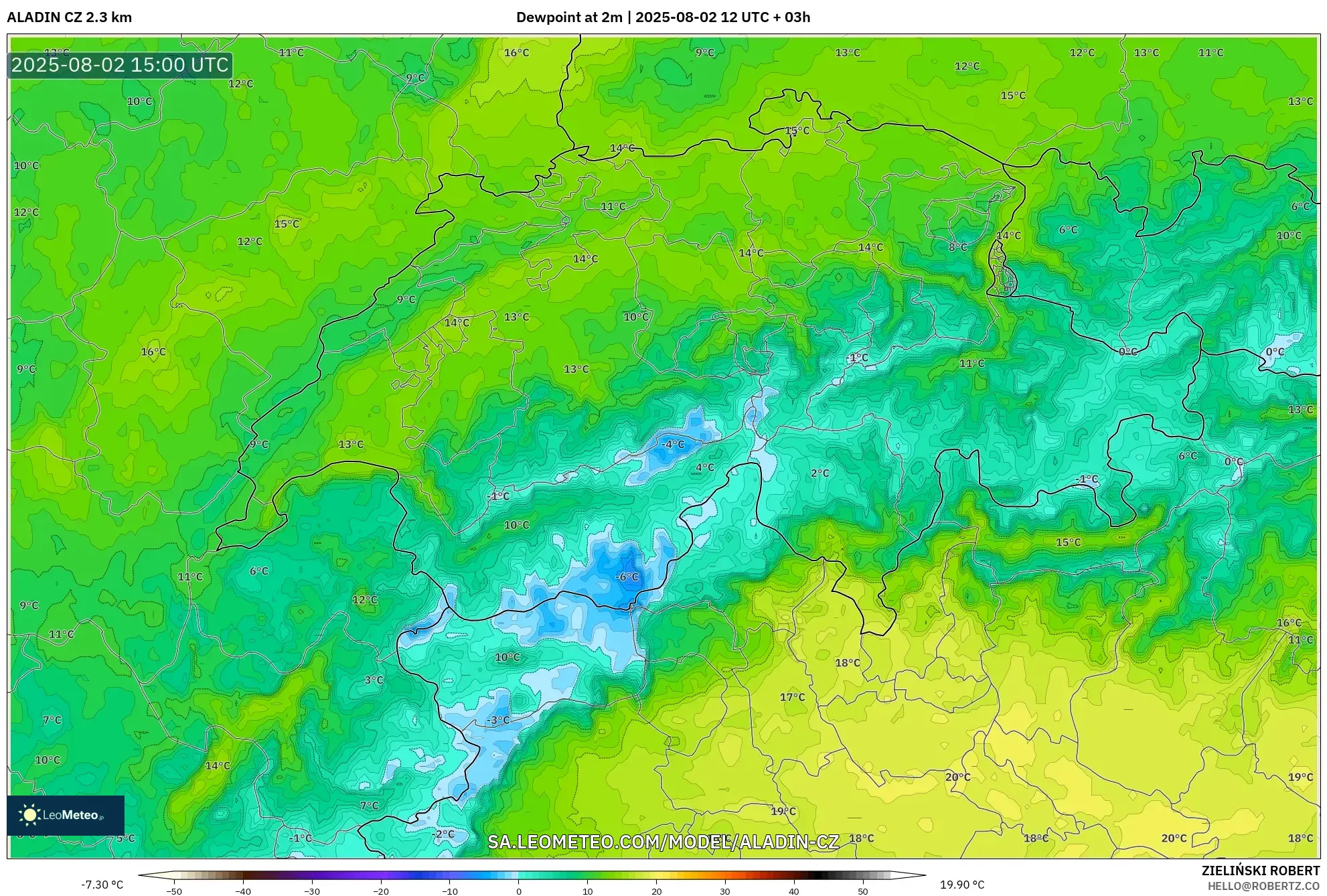 ALADIN CZ 2.3 km model - Switzerland, Takat Embun 2 m ALADIN CZ 2.3 km model - Switzerland, Takat Embun 2 m