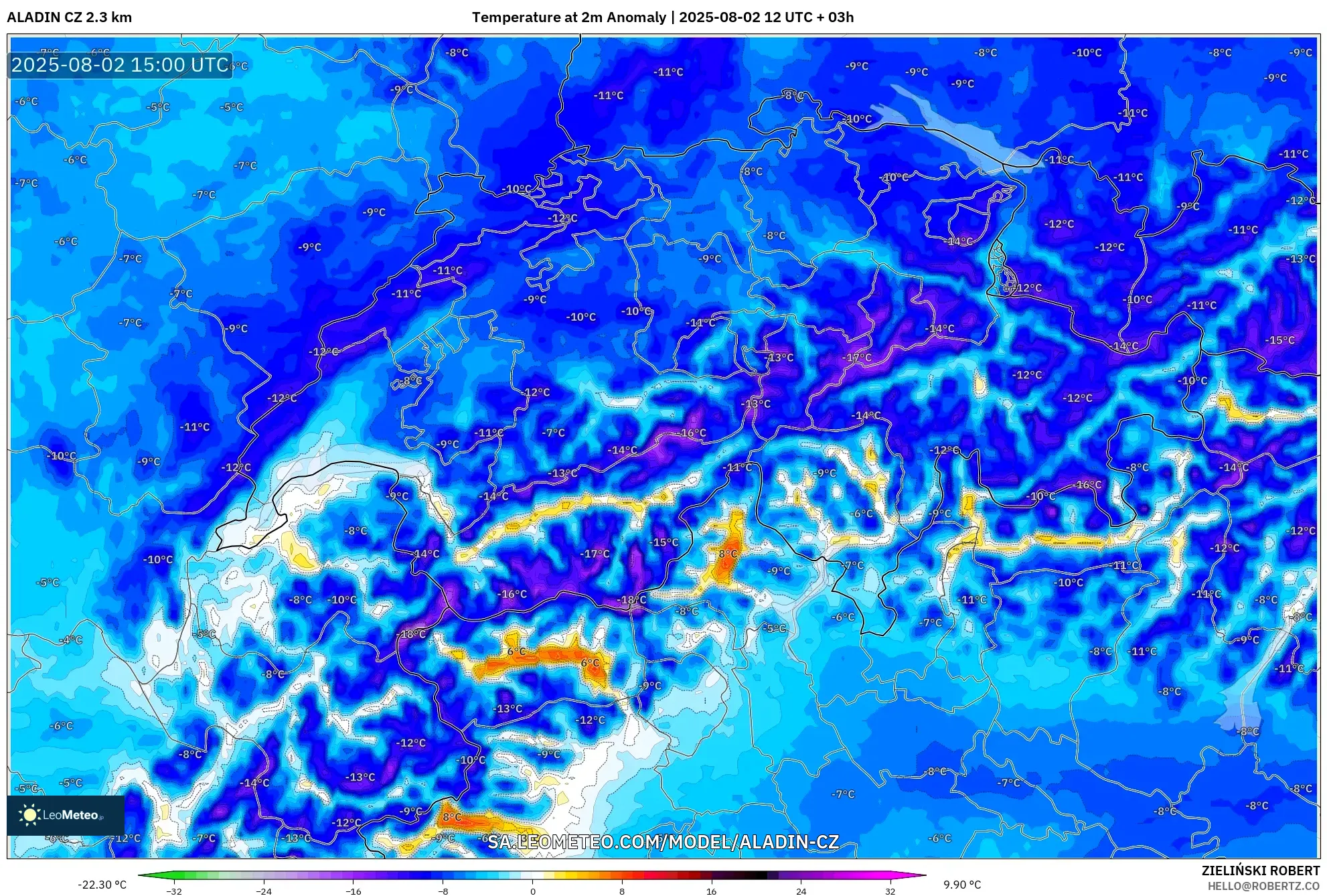 ALADIN CZ 2.3 km model - Switzerland, Anomali Suhu 2 m ALADIN CZ 2.3 km model - Switzerland, Anomali Suhu 2 m
