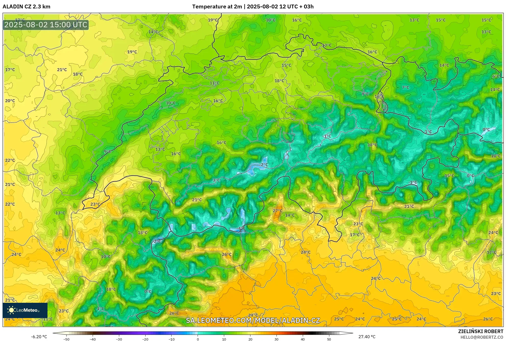 ALADIN CZ 2.3 km model - Switzerland, Temperature at 2m ALADIN CZ 2.3 km model - Switzerland, Temperature at 2m