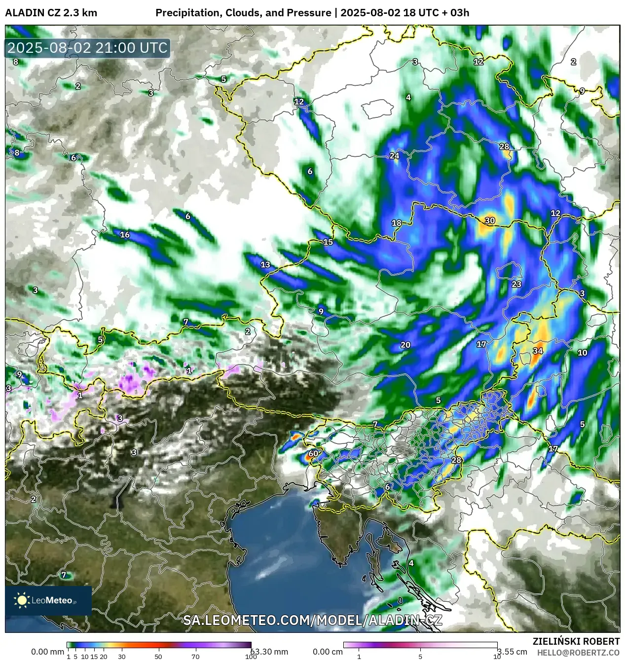 ALADIN CZ 2.3 km model - Austria, Hujan, Awan dan Tekanan ALADIN CZ 2.3 km model - Austria, Hujan, Awan dan Tekanan