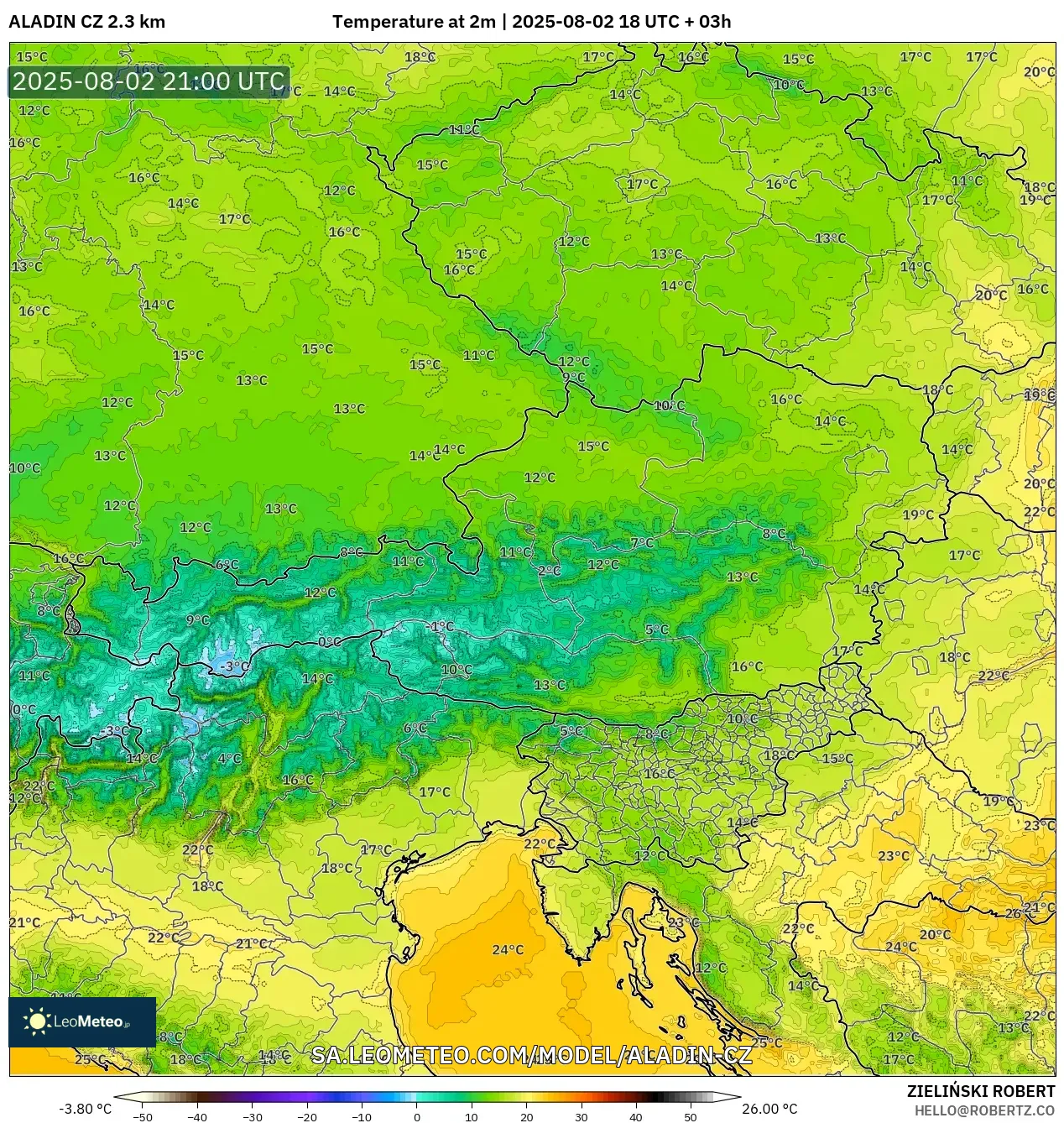 ALADIN CZ 2.3 km model - Austria, Suhu pada 2 m ALADIN CZ 2.3 km model - Austria, Suhu pada 2 m